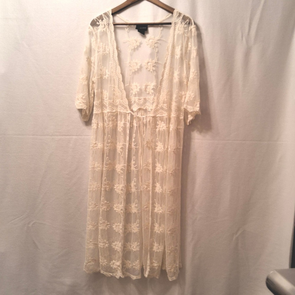 LIV LOS ANGELES Cream Floral‎ Lace Duster Cardigan Sheer Tie Front Large